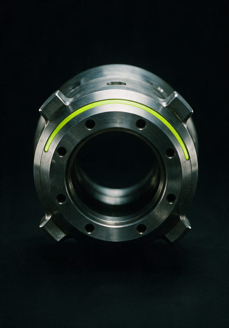 A heavy machined docking coupler with locking lugs, in white metal on black